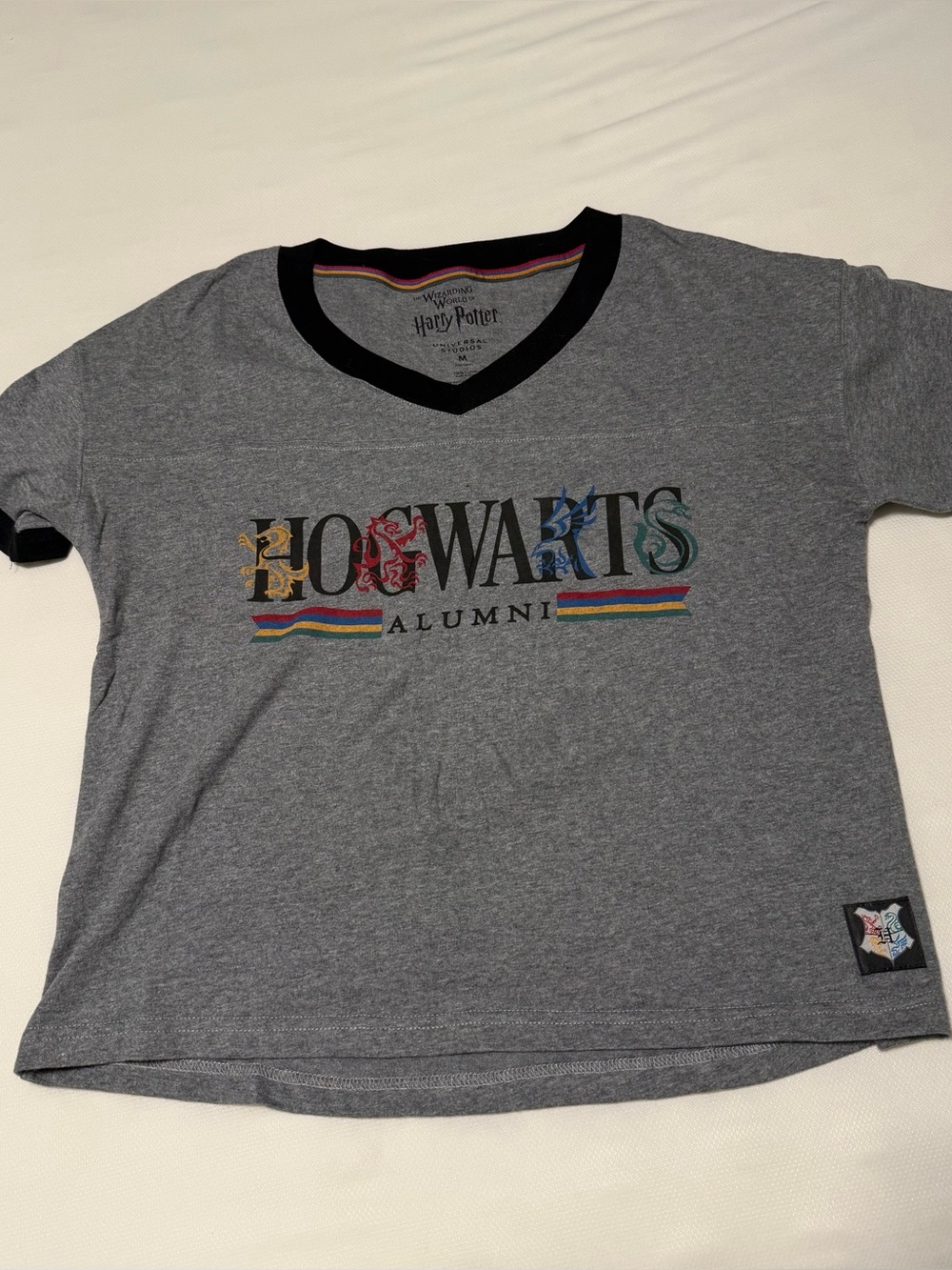Warner Bros. Harry Potter Hogwarts Alumni Gray V-Neck Tee with Black Trim